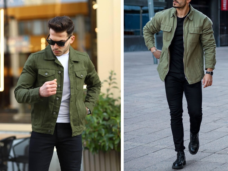 cách phối đồ với áo khoác dù màu xanh rêu